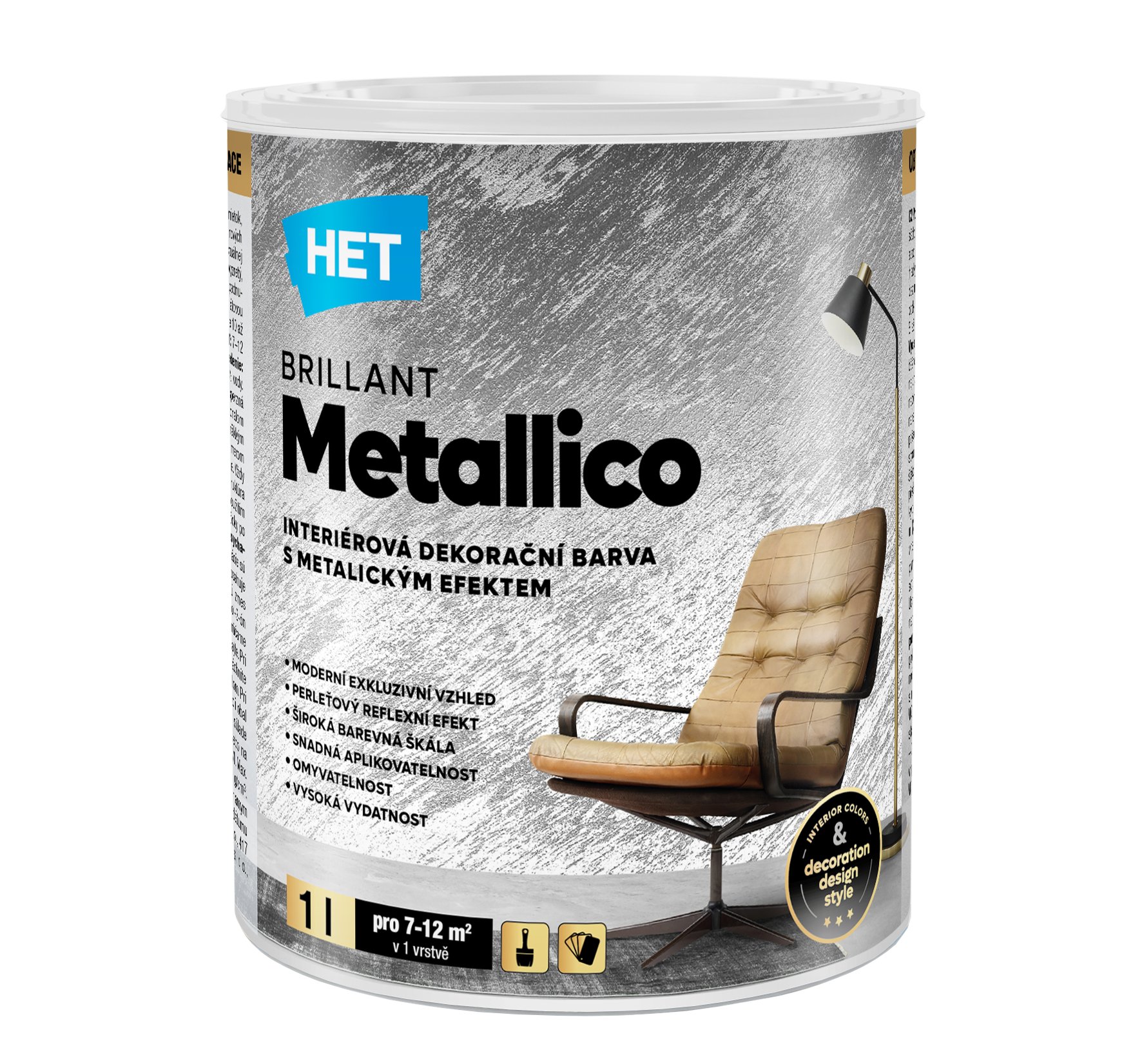 Moderný perleťový pololesklý "kovový" vzhľad. Jednoduché nanášanie širokým plochým štetcom.